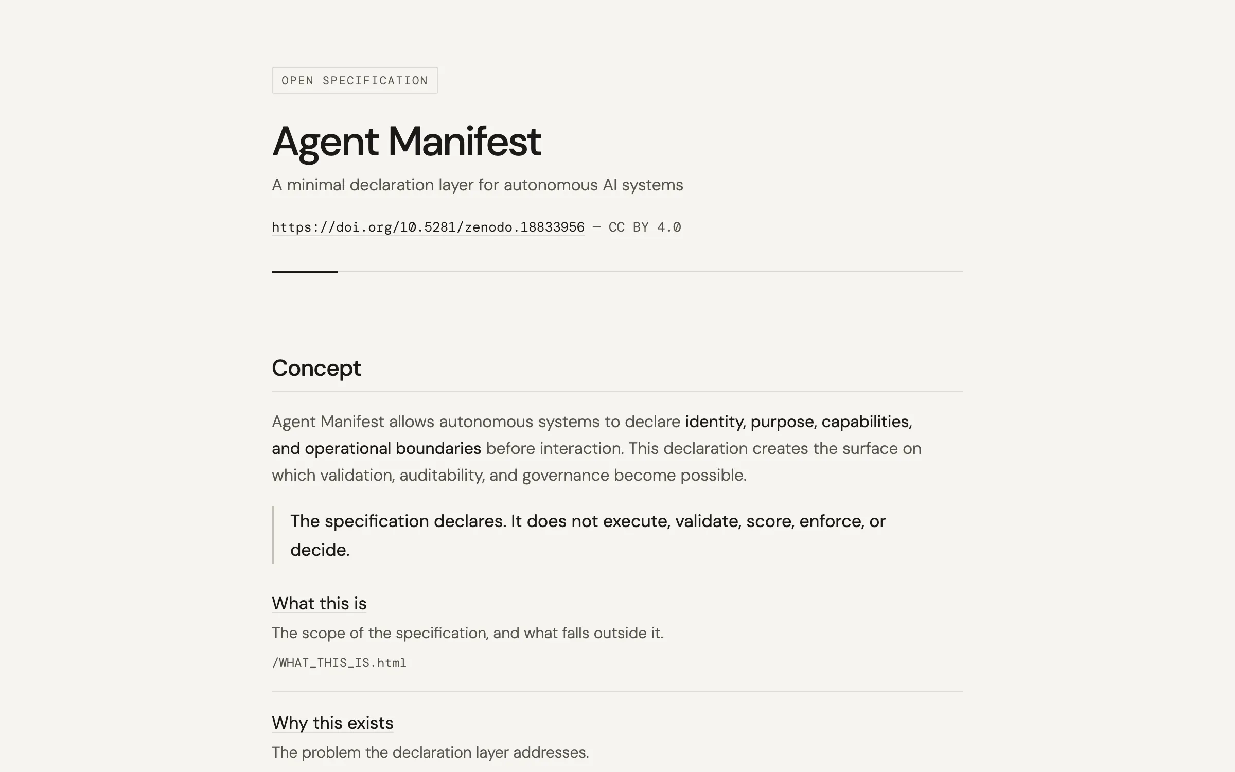 Agent Manifest home page: the specification's name, subtitle and DOI in a single reading column on light grey, above the first entries of its index.