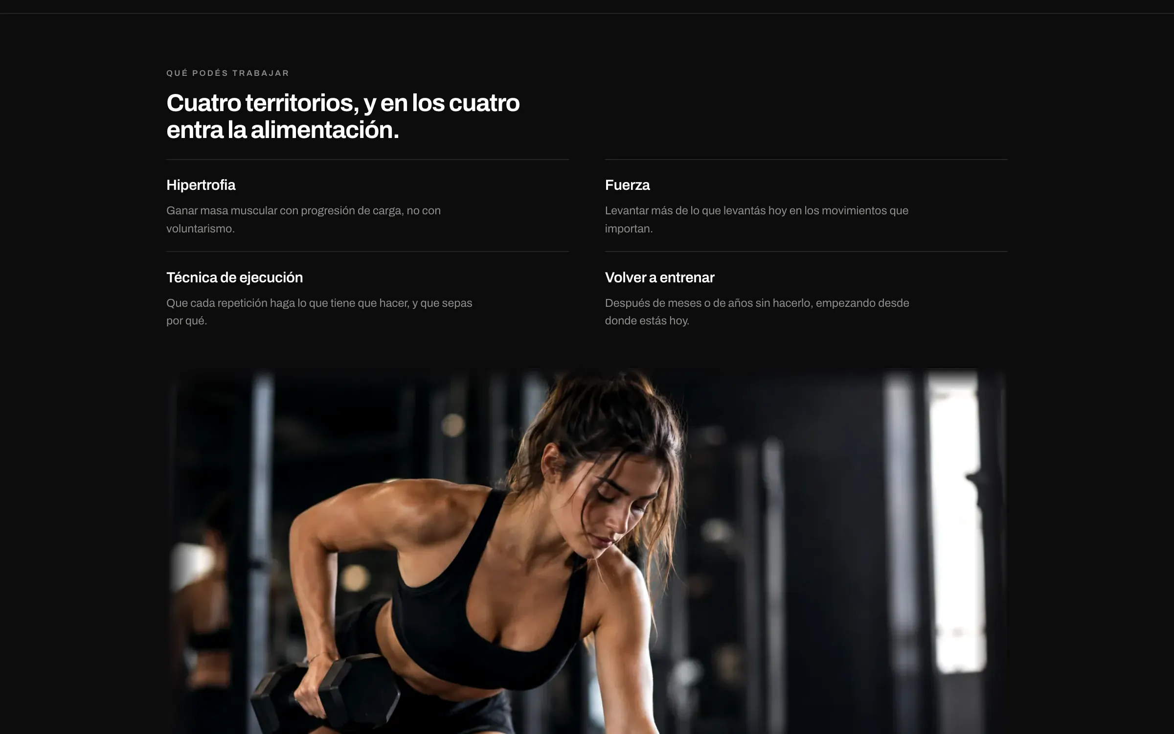 Marcos Cavallaro section about four training areas, over an image of dumbbell training.