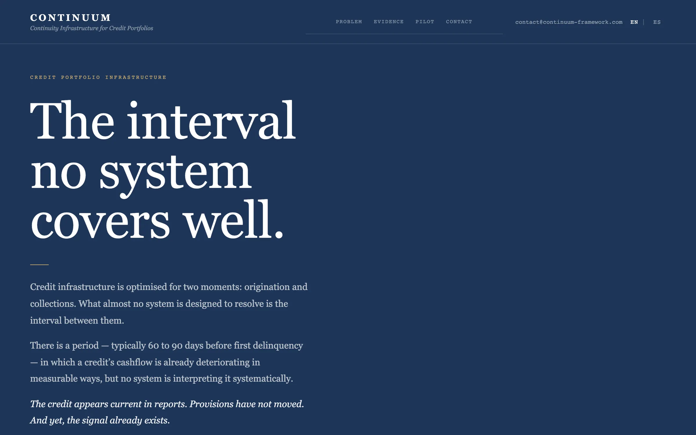 CONTINUUM home page: a large serif headline, 'The interval no system covers well.', in white on deep navy, above the paragraphs that introduce the framework.