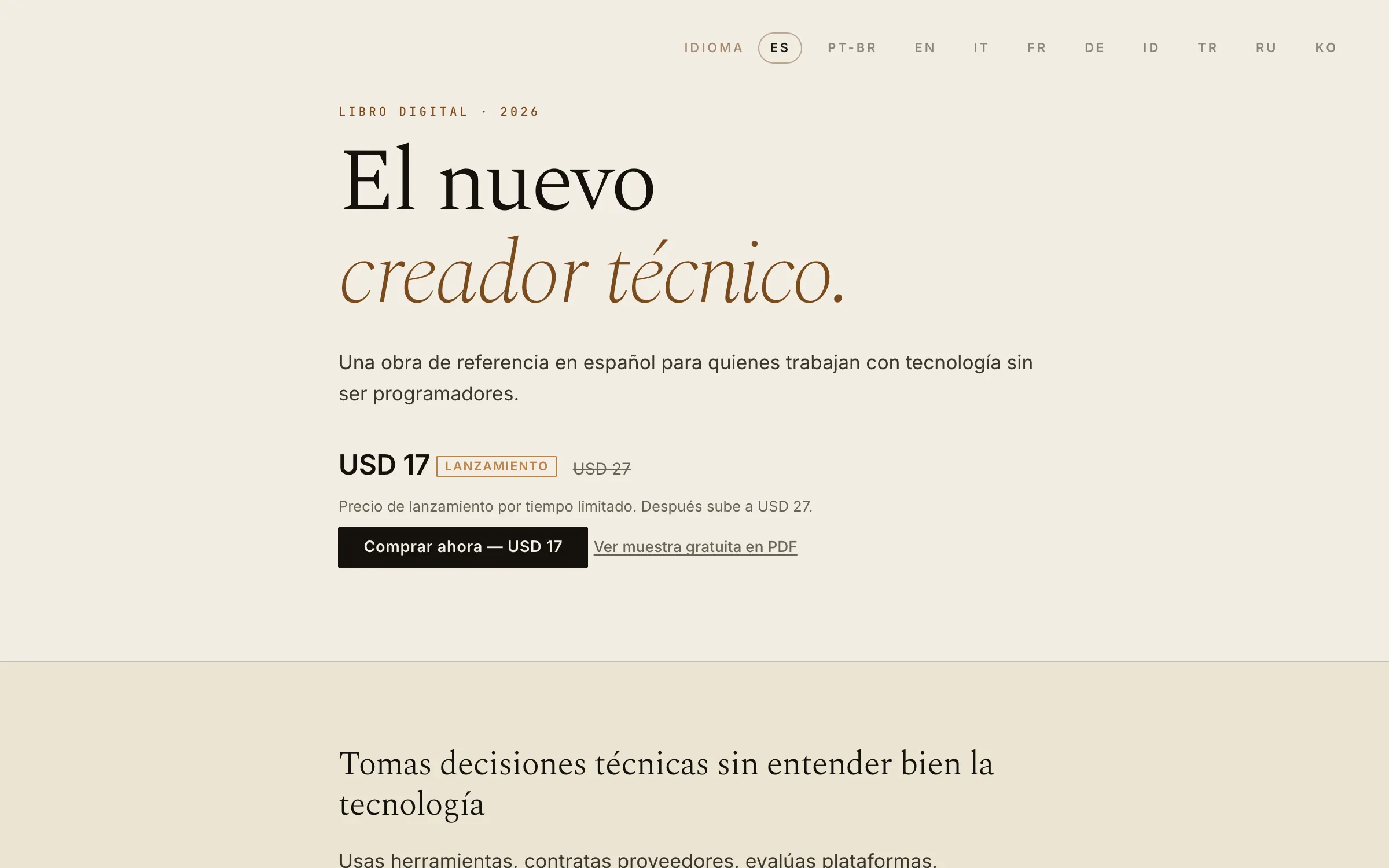 El nuevo creador técnico home page: the book title in a serif face on warm paper, with the price, a buy button and a row of ten language options across the top.