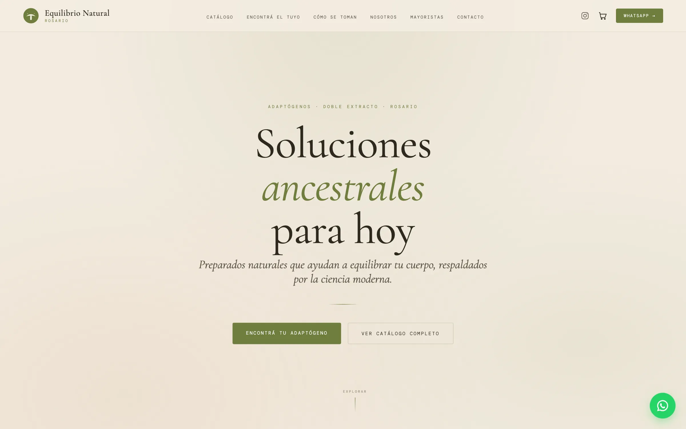 Equilibrio Natural hero with the message “Soluciones ancestrales para hoy”, serif typography, and a cream-and-green palette.