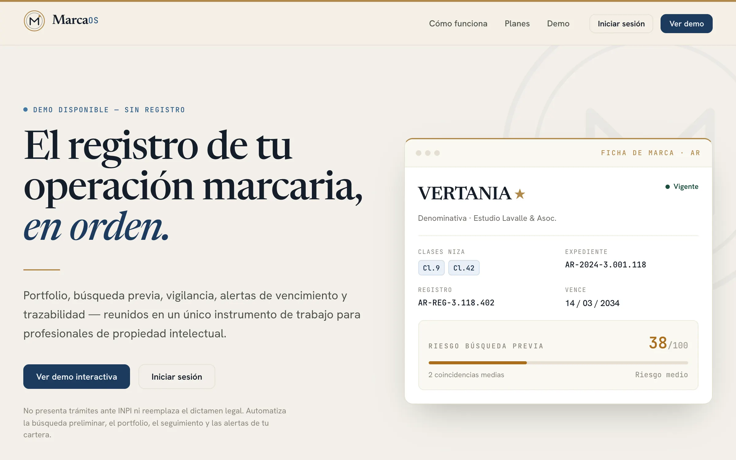 MarcaOS home page: a large serif headline, 'El registro de tu operación marcaria, en orden.', on warm off-white, beside a trademark record card from the demo filled with example data.